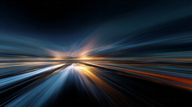 Abstract dark background displays intense light trails indicating extreme forward motion