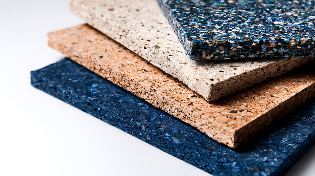 Stack of colorful textured cork material samples, showcasing diverse patterns and hues for sustainable design projects and eco-friendly products