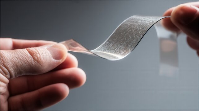 Closeup hands holding flexible photovoltaic strip. Technician inspecting microgrid on semitransparent film, detailed view of conductive traces and textured surface, neutral studio lighting, industrial