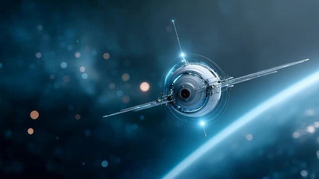 Futuristic satellite or space probe orbits above a distant planet in the vastness of deep space. Advanced technology and cosmic exploration are depicted in this high resolution sci fi scene