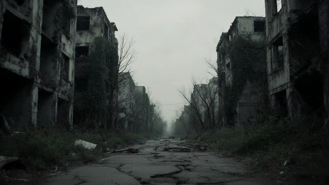 Abandoned street with dilapidated buildings in desolate urban landscape