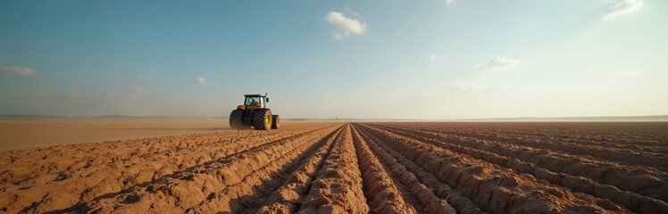Obraz premium Yellow tractor works on wide plowed field. Agricultural machine prepares earth for planting. Farm landscape under blue sky with clouds. Rural scene of cultivation.