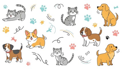 Fototapeta premium Cute cartoon pets and animals with paw prints and bones