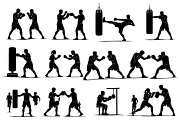 Fototapeta premium Silhouettes of male boxers in various training and sparring poses.