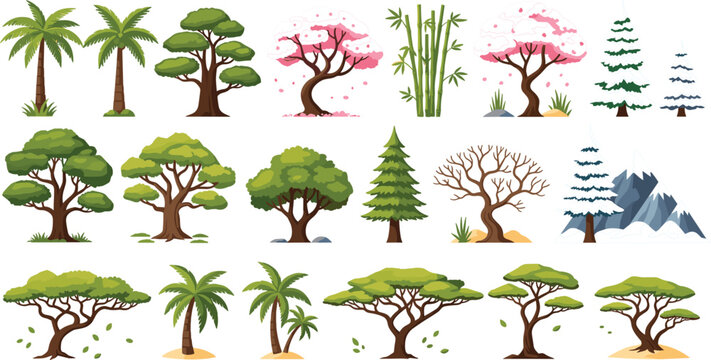 Global tree species vector illustration set featuring tropical palms cherry blossoms bamboo pine trees savanna acacia and winter mountains for landscape and nature design.