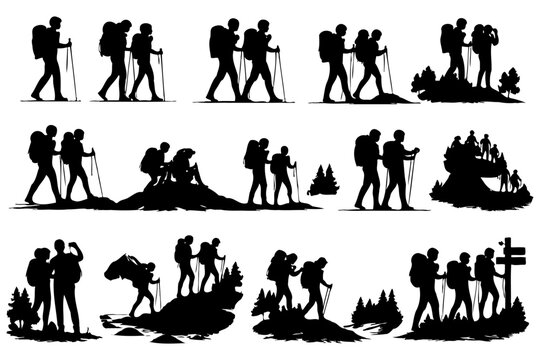 Silhouette of diverse hikers trekking on mountain paths.