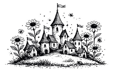 Naklejka premium Hand drawn line art illustration of a fantasy castle village depicting a whimsical scene for children's stories