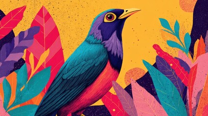 Obraz premium Vibrant Digital Illustration of a Colorful Bird Perched Among Lush Tropical Foliage and Bright Background Elements