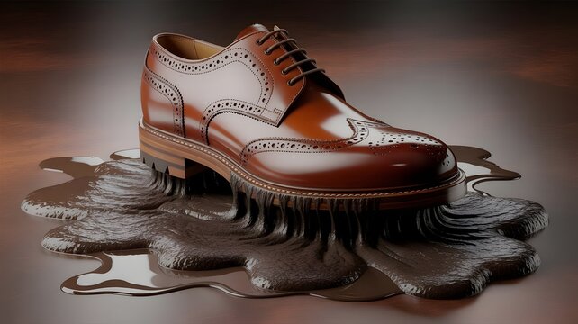 A brown leather dress shoe with brogue detailing sits in a puddle of water on a reflective surface with a gradient background.
