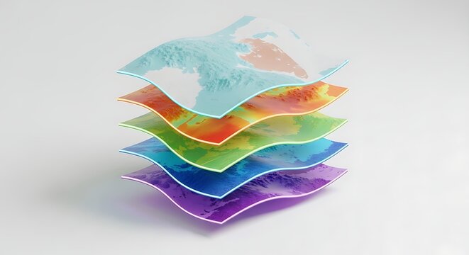 3D stacked layers with topographic and climate data visualizations, illustrating geographical information systems and data analysis
