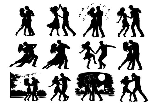 Silhouettes of couples dancing salsa and tango under moonlight.