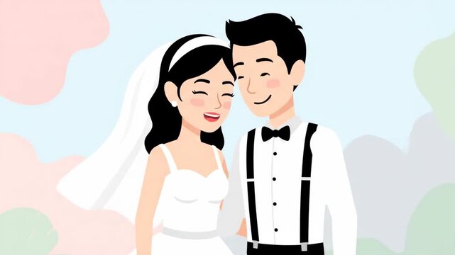 Happy Cartoon Wedding Couple Smiling and Laughing Outdoors