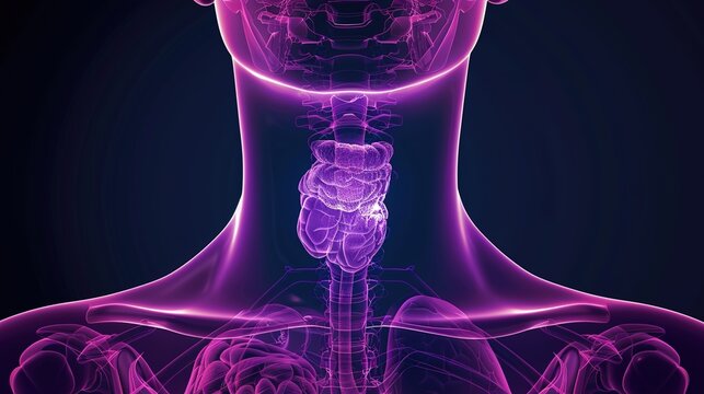 Medical illustration of Thyroid Cancer, a malignant tumor arising from thyroid tissue in the neck, with common types including papillary, follicular, medullary and anaplastic thyroid cancer. Often ass