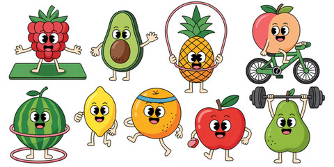 Obraz premium A collection of cute cartoon fruits and vegetables exercising and living an active healthy life Vector