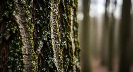 Obraz premium Close-up of textured tree bark covered in green moss and lichen in a forest