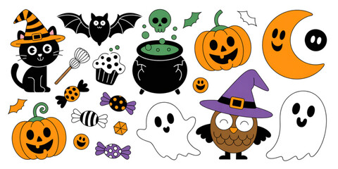 Fototapeta premium Set of cute hand drawn halloween elements featuring a black cat, ghost, pumpkin and witchy owl Vector