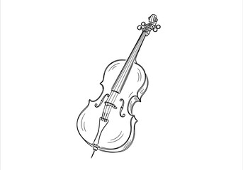 Black and white line drawing of a cello instrument viewed slightly from the side © Titi