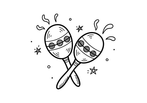 Black and white doodle of two crossed maracas surrounded by small shapes