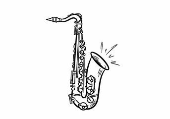 Naklejka premium Black and white line drawing of an alto saxophone emitting sound waves