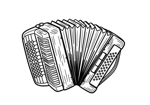 Black and white line drawing of a squeezebox style accordion with bellows extended