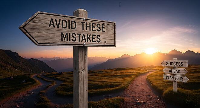 Wooden sign warns of mistakes ahead against a vibrant sunset on transparent background