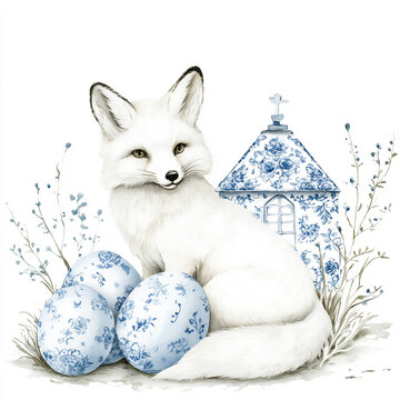 easter fox with easter eggs