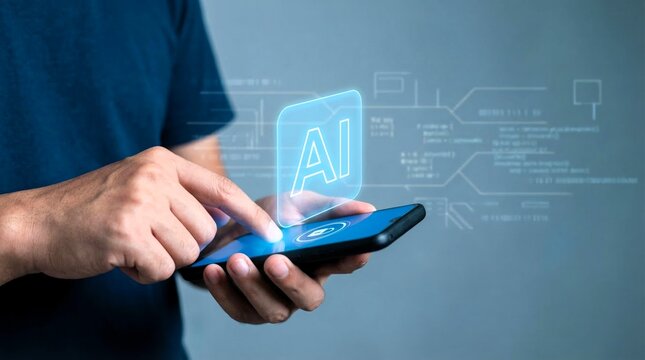 Human hands are touching a mobile phone, demonstrating interaction with a prominent, glowing artificial intelligence symbol.
