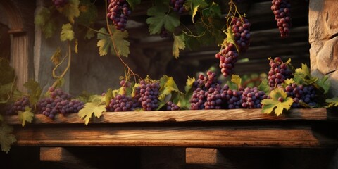 Naklejka premium A cluster of ripe grapes hanging from a vine. This image can be used to depict the beauty of nature and the abundance of harvest