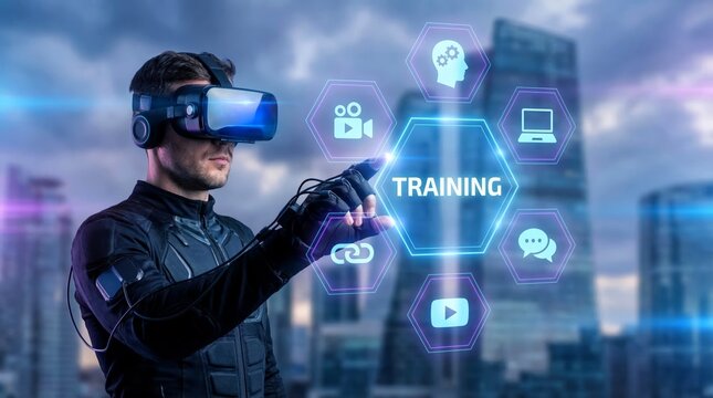 Man wearing virtual reality headset interacts with holographic digital training modules in futuristic setting