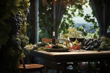 Naklejka premium A picture of a table with a bunch of grapes and a bottle of wine. Suitable for wine-related articles or advertisements