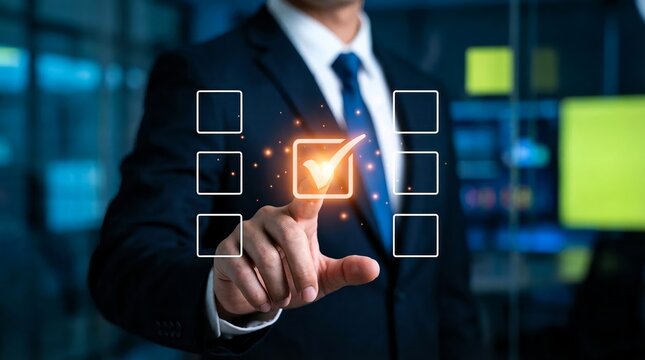 Businessman interacting with a glowing digital selection interface choosing a confirmed option for success
