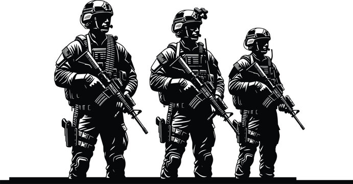 Special forces soldiers silhouette set with tactical gear and rifles isolated on white background, military infantry combat vector illustration collection.