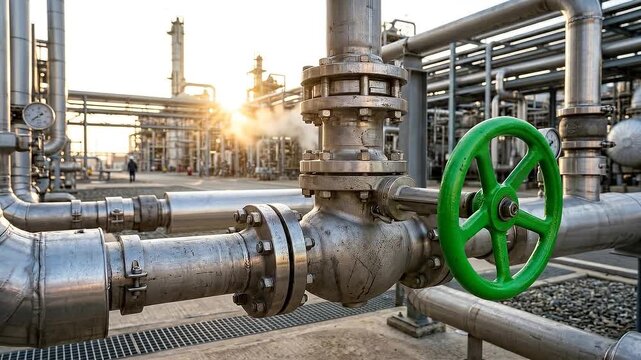 Green hydrogen infrastructure industrial plant with stainless steel pipe valve metal pipeline showcasing sustainable energy transition sunrise