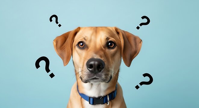 Confused dog with question marks, pondering thoughts, looking puzzled.
