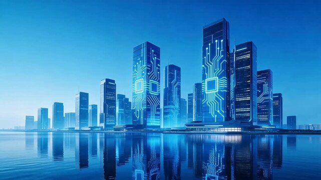 Futuristic city skyline with circuit patterns