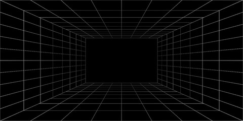 Empty futuristic digital box room grey-black background with white grid space line color surface. Network cyber technology. banner, cover, terrain, sci-fi, wireframe, and related to background. © Sahimah