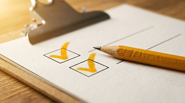 Close-Up View of Minimalist Checklist on Clipboard with Pencil Wood Paper Texture Checkbox Marks Bathed in Light on Soft White Background checkboxes