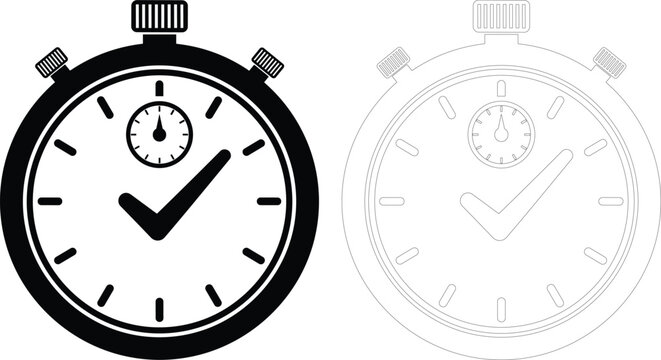 Stopwatch Icon Timer Clock Time Management Symbol Speed Check Vector Illustration Black and Outline Isolated on White Background