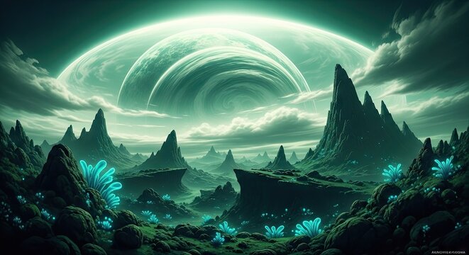 Towering alien mountain landscape features luminous flora beneath colossal celestial bodies