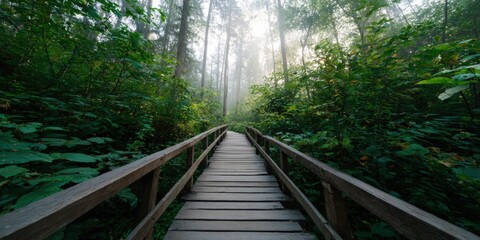 Fototapeta premium Elevated wooden walkway through misty forest railings leading into fog soft light towering trees dense undergrowth tranquil green rainforest trail