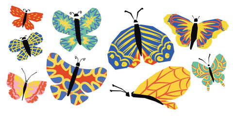 Obraz premium Abstract Colorful Butterfly Illustration Collection Paper Cut Style Vector Art Collage Elements Isolated on White Background.