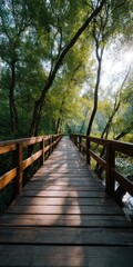 Fototapeta premium Wooden bridge boardwalk with railings through sunlit forest trees casting long shadows along the pathway for a peaceful nature walk