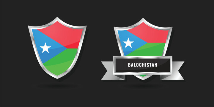 Glossy silver shield emblems featuring the flag of Balochistan. Includes a version with a banner and name. High-quality vector graphics for regional, cultural, and provincial identity.