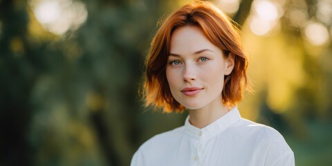 Naklejka premium Female caucasian young redhead wide framed portrait in white shirt outdoors golden hour warm natural light serene smile short hair