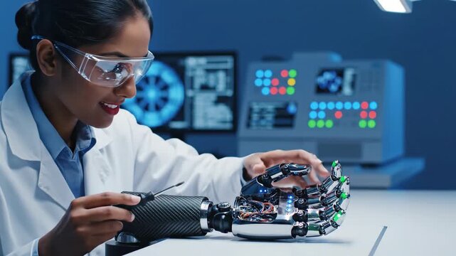 young indian female engineer repairing robotic hand with screwdriver in laboratory. scientist working on bionic arm prosthesis. artificial intelligence, robotics technology, medical science.
