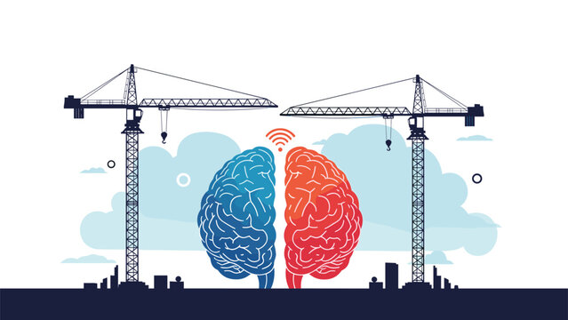 Two construction cranes building a human brain with blue and red halves representing cognitive development and learning.