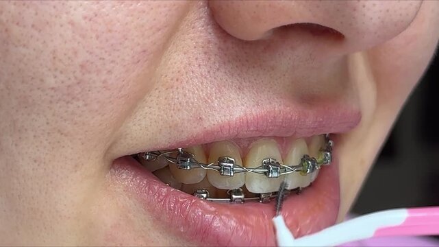 Sideprofile Caucasian Mouth Flossing Braces With Threader Closeup Of Wire And Gums, Meticulous Technique