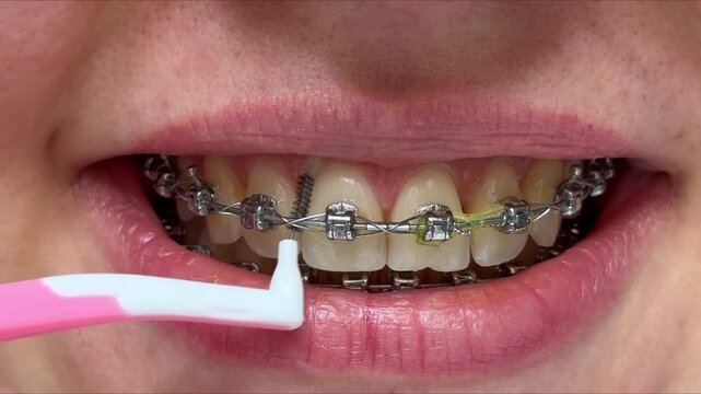 Closeup Caucasian Mouth With Braces Interdental Brush Cleaning Lower Wire, Visible Coil Spring, Aiming Plaque