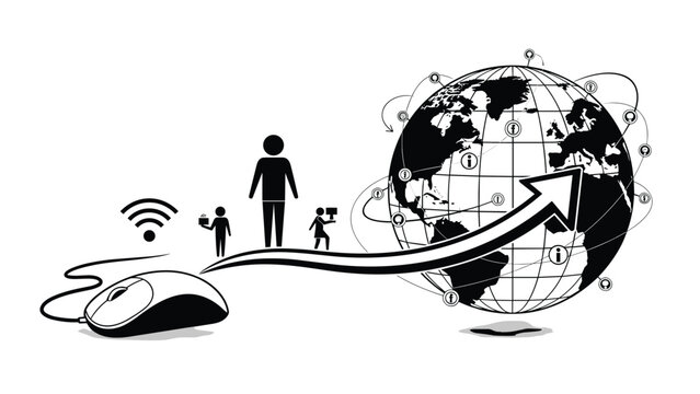 Digital computer mouse connected to world globe through an arrow with human silhouettes representing global internet connectivity.