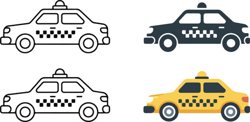 Set of four taxi car illustrations in line art and flat color icon style arranged in grid layout © md siam ali 